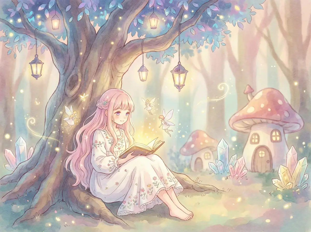 海角首页 - 魔法森林中阅读故事书的粉发少女与精灵